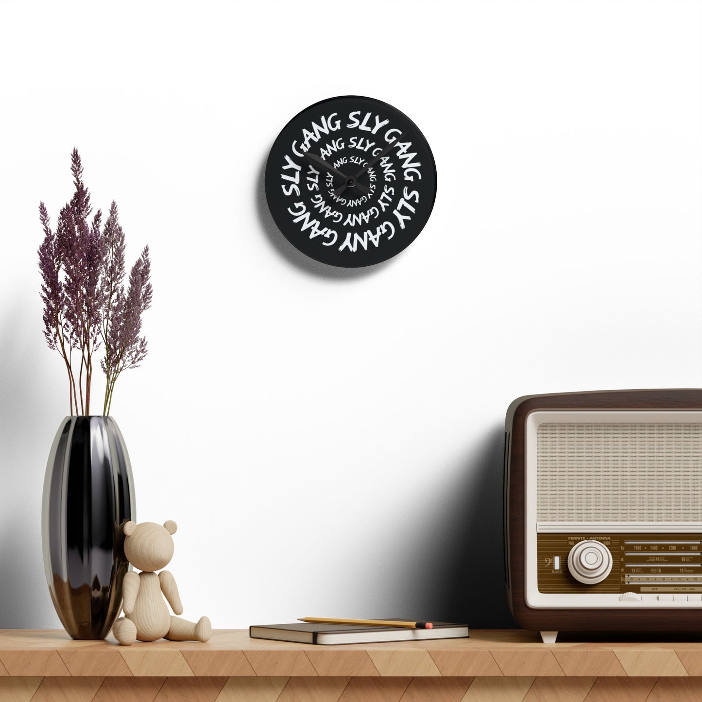 Acrylic Wall Clock — Black Spiral "SLY GANG" Typography Clock