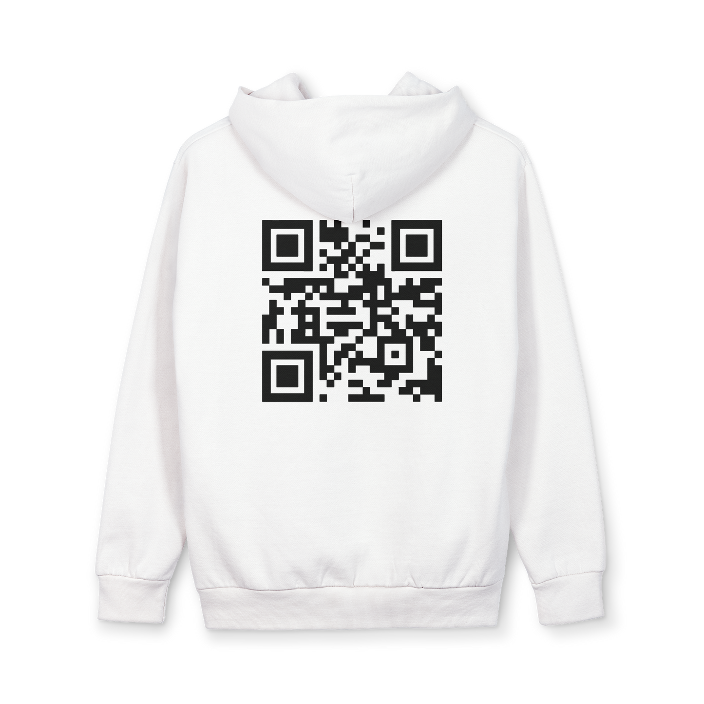 RODGV Song I RUN IT QR Code Hoodie — Minimalist White Pullover with Scannable Back Design
