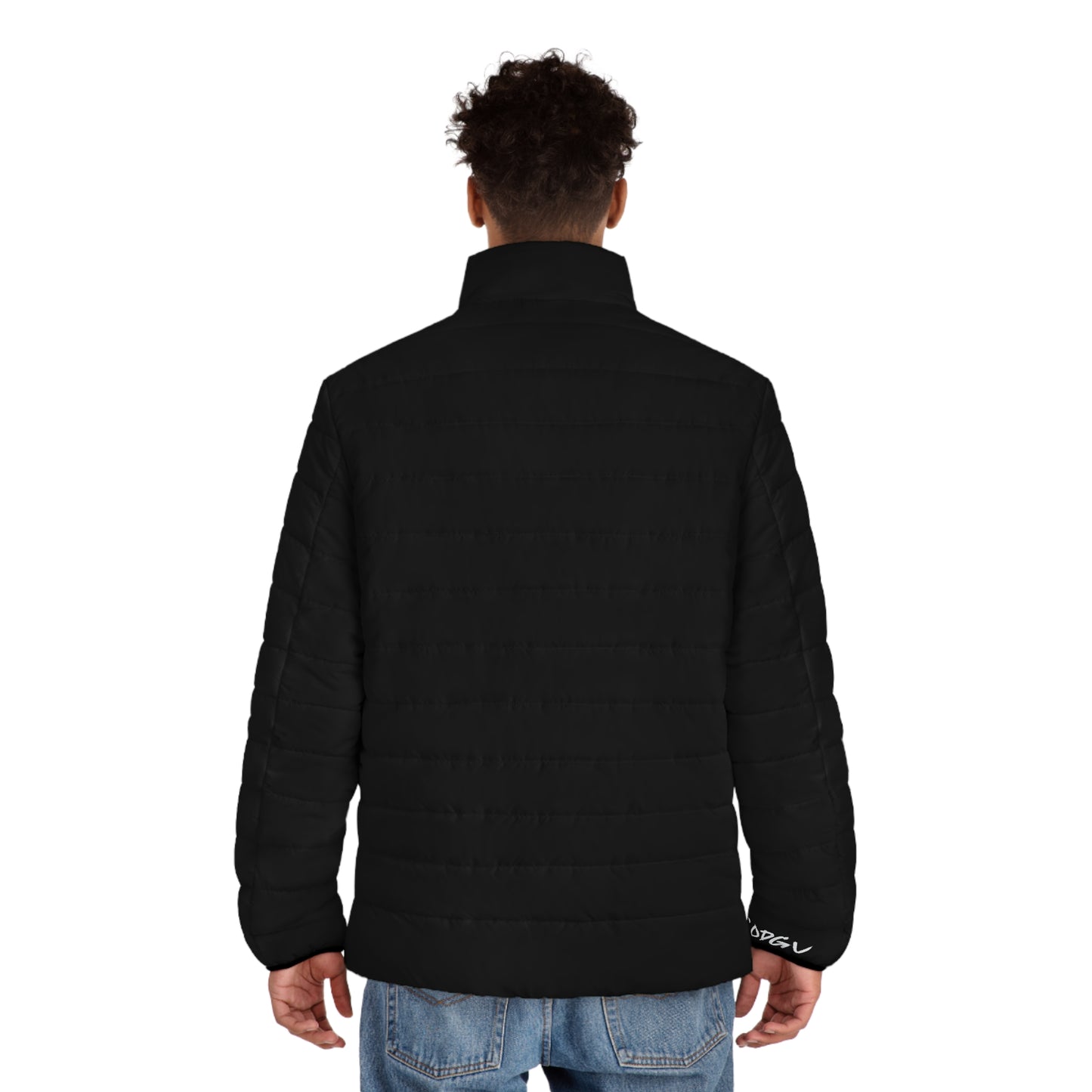 Men's Black Puffer Jacket with White Monogram — RODGV