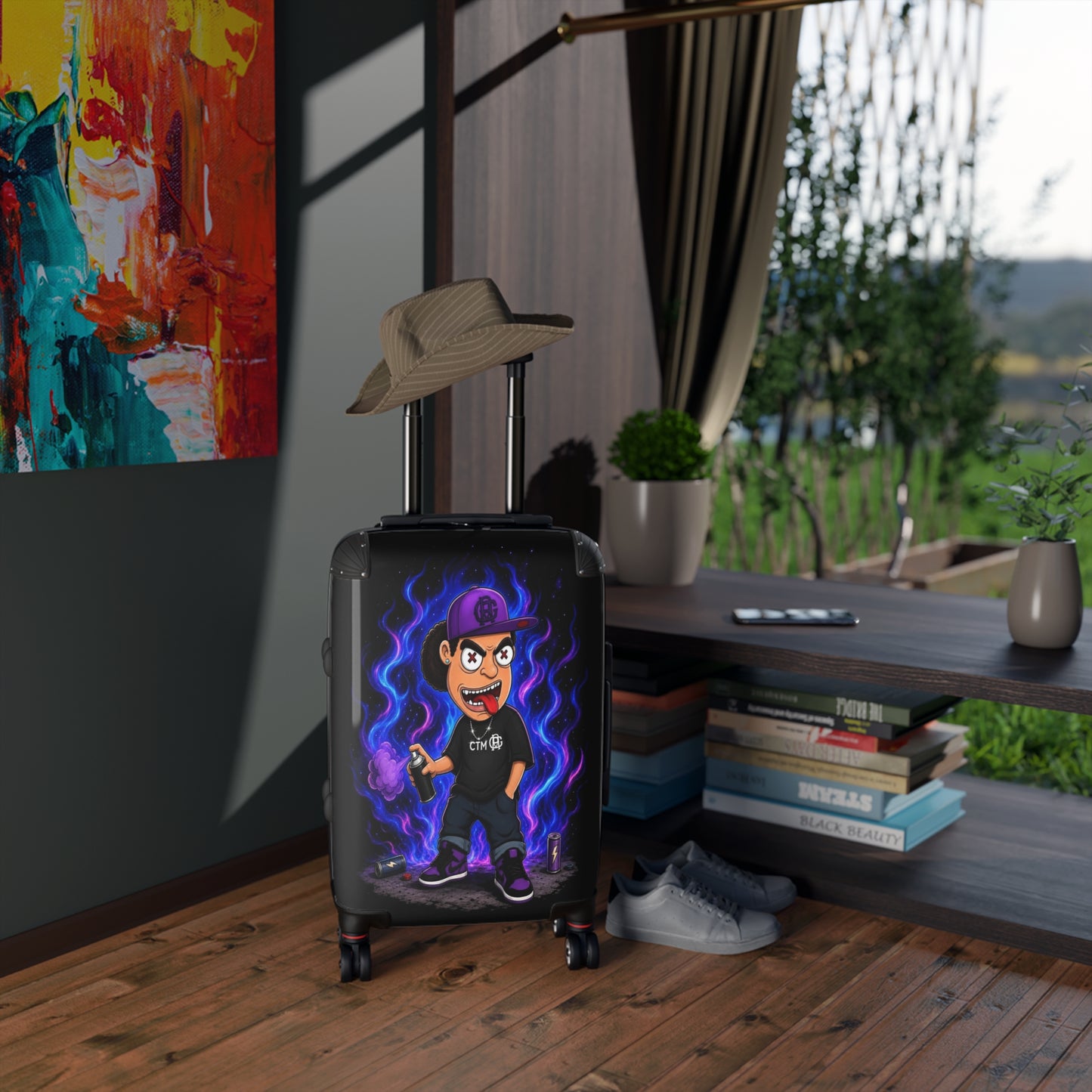 Cartoon Vaporwave Suitcase - Purple Flame Streetwear Carry-On