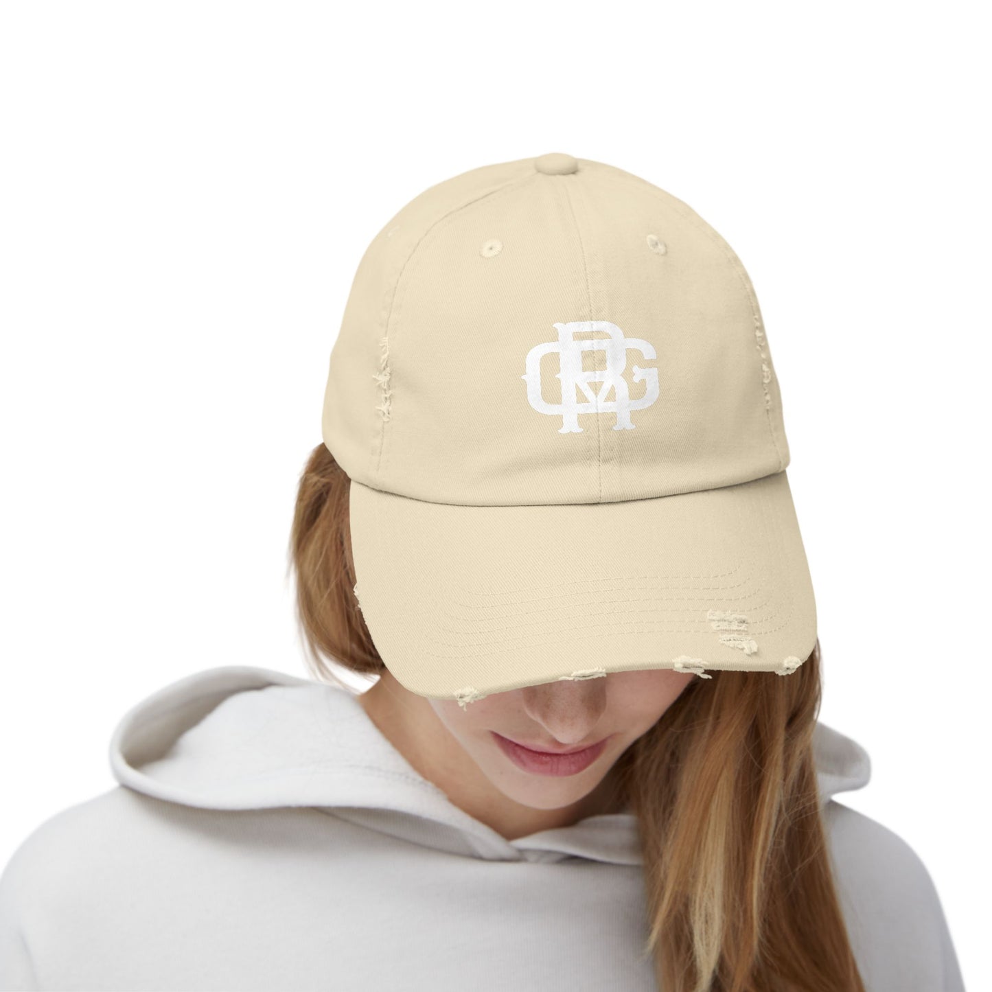 Distressed Black Dad Hat with White Interlocking Monogram