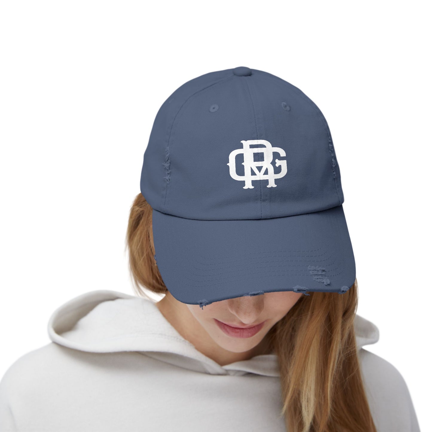 Distressed Black Dad Hat with White Interlocking Monogram