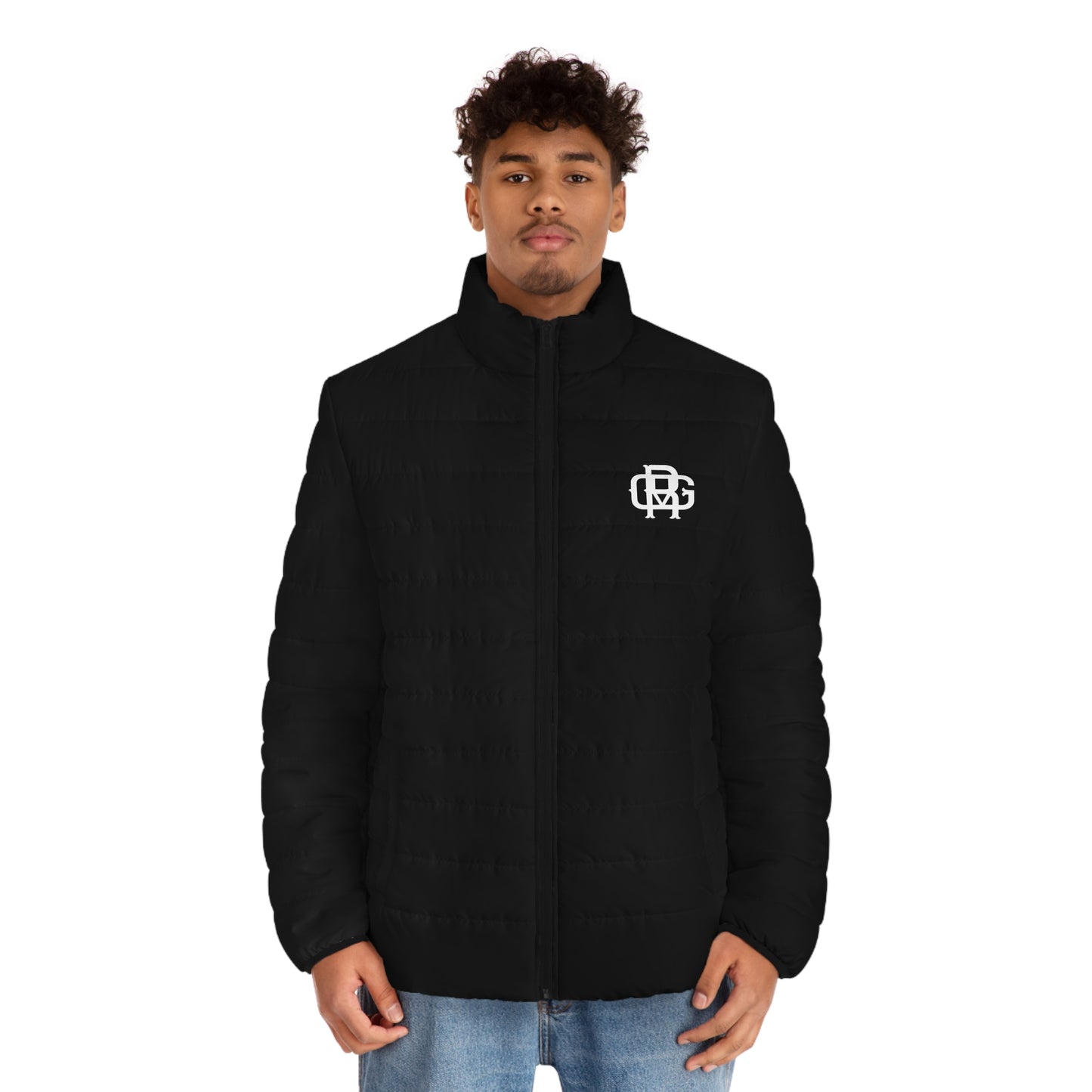 Men's Black Puffer Jacket with White Monogram — RODGV