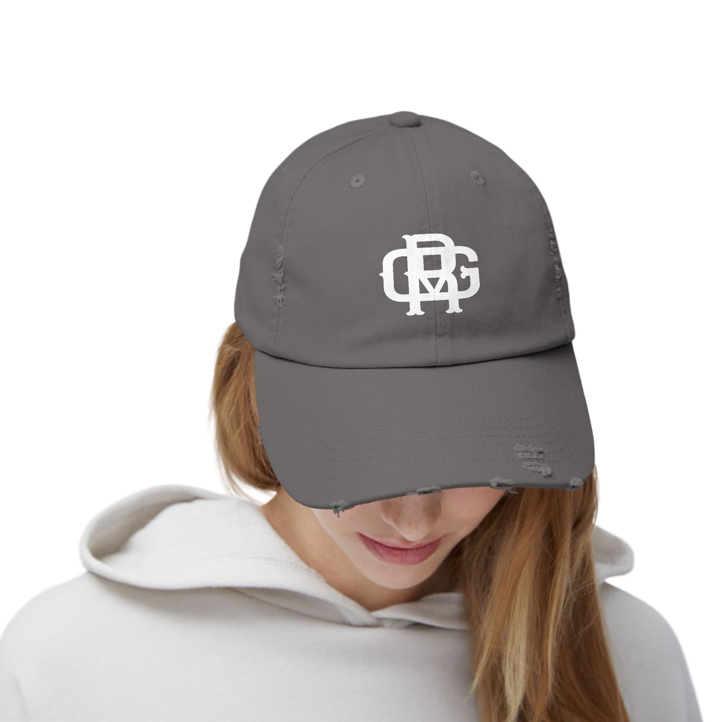Distressed Black Dad Hat with White Interlocking Monogram