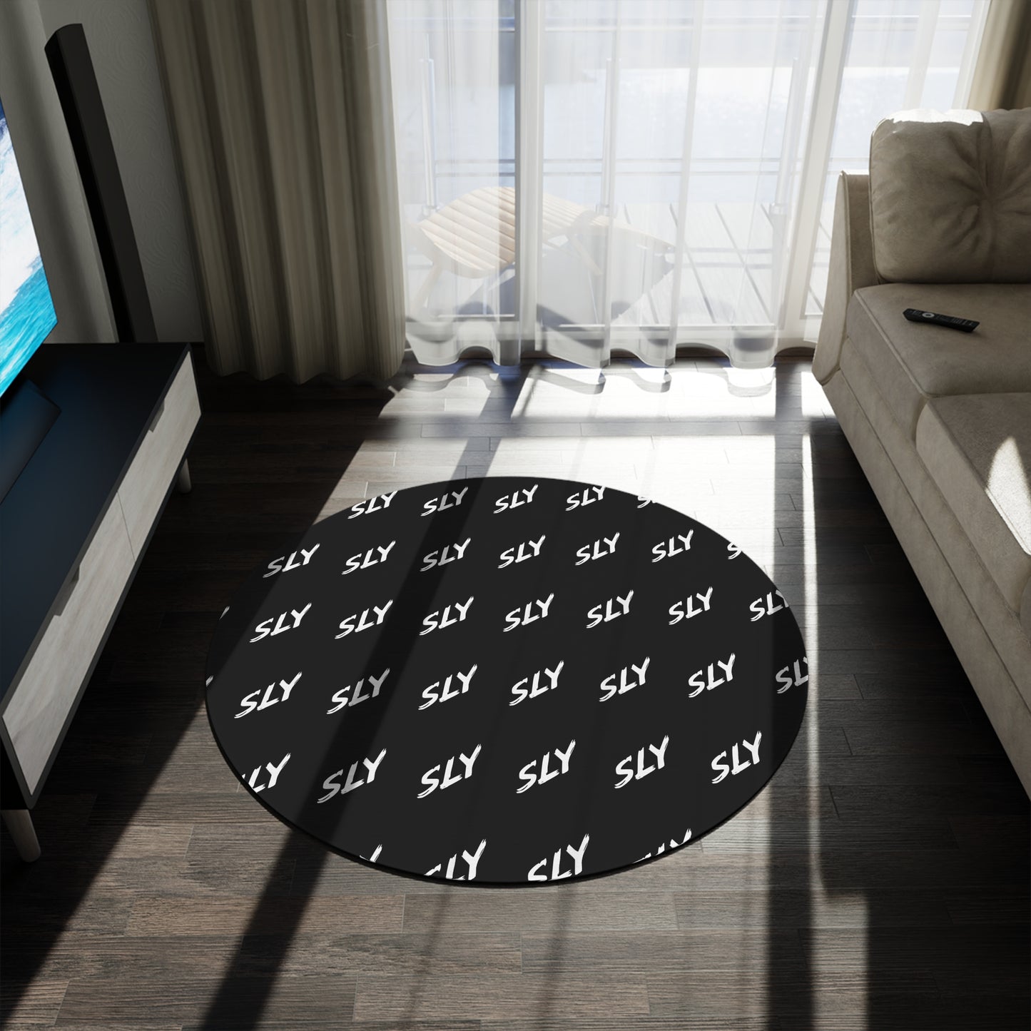 Sly Pattern Round Rug — Black Repeated "SLY" Accent Mat