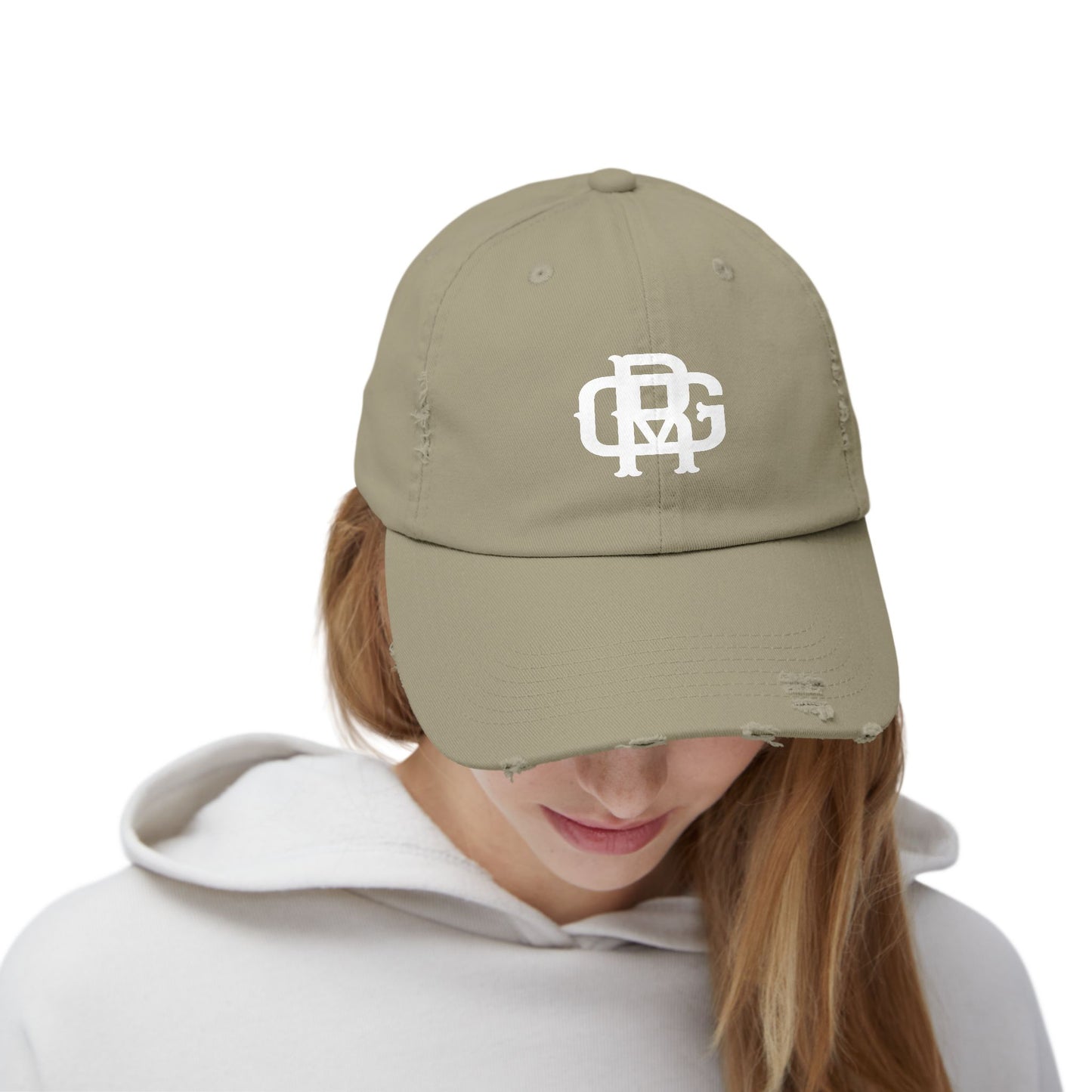 Distressed Black Dad Hat with White Interlocking Monogram