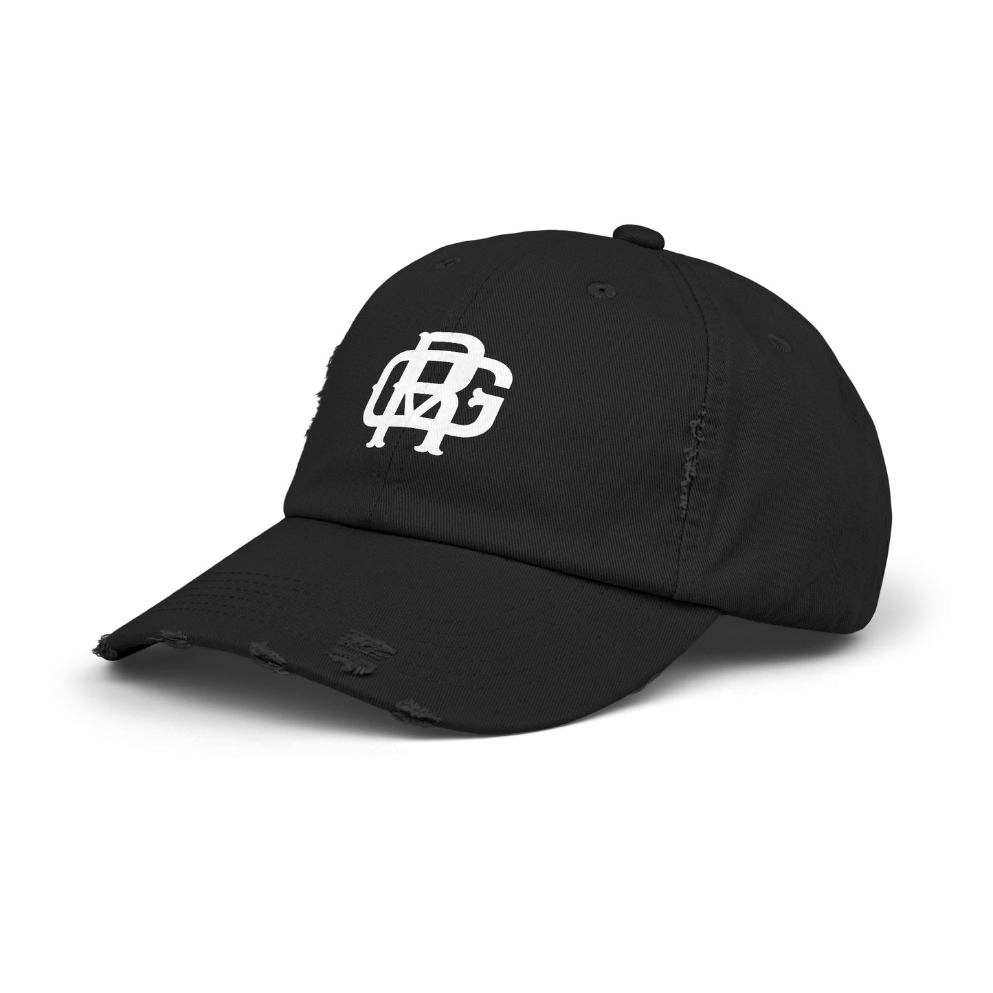 Distressed Black Dad Hat with White Interlocking Monogram