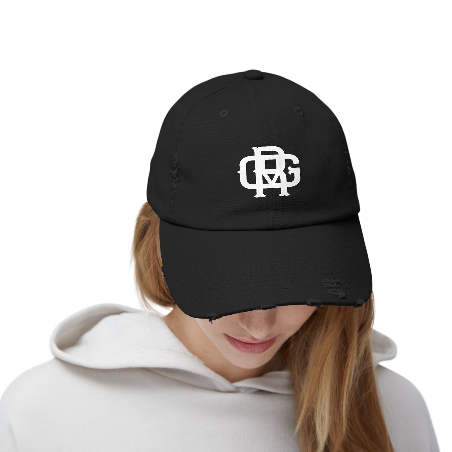 Distressed Black Dad Hat with White Interlocking Monogram