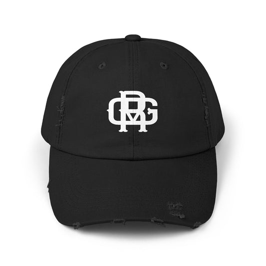 Distressed Black Dad Hat with White Interlocking Monogram