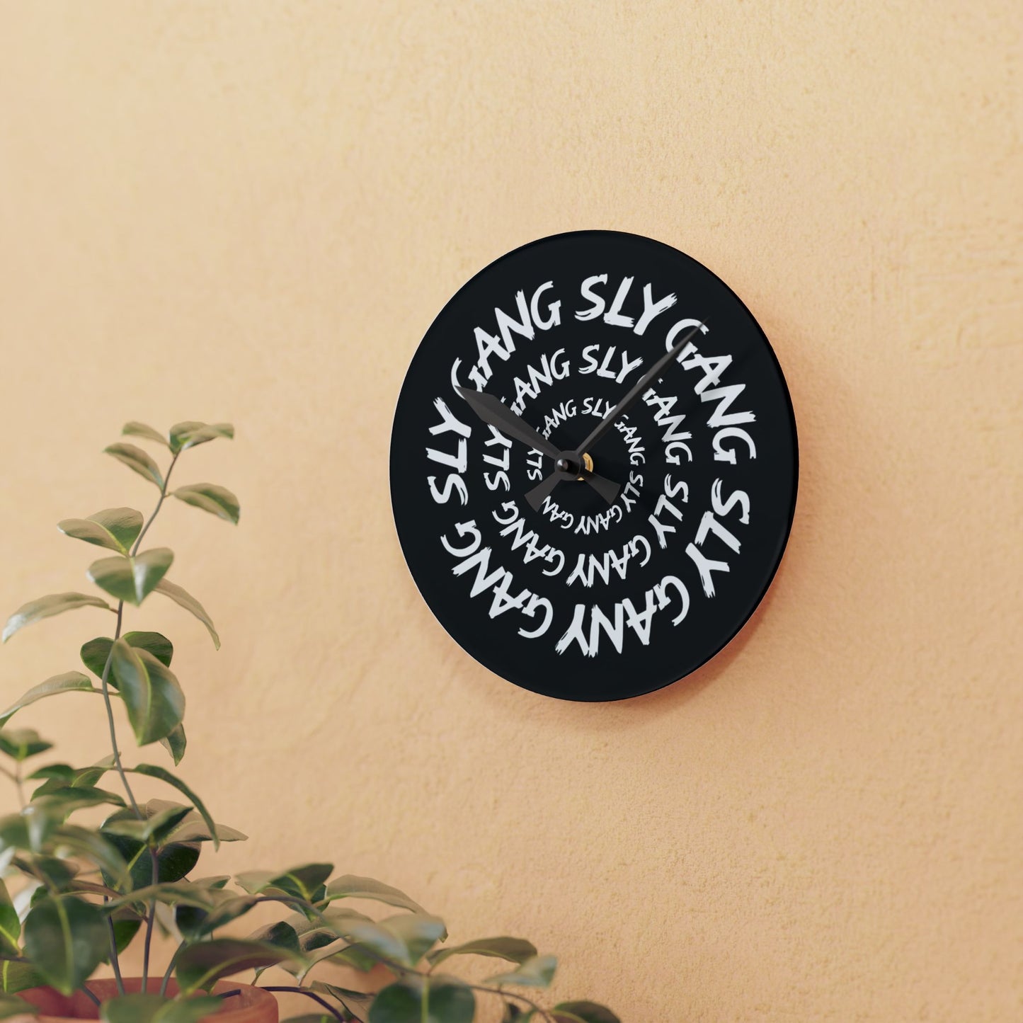 Acrylic Wall Clock — Black Spiral "SLY GANG" Typography Clock