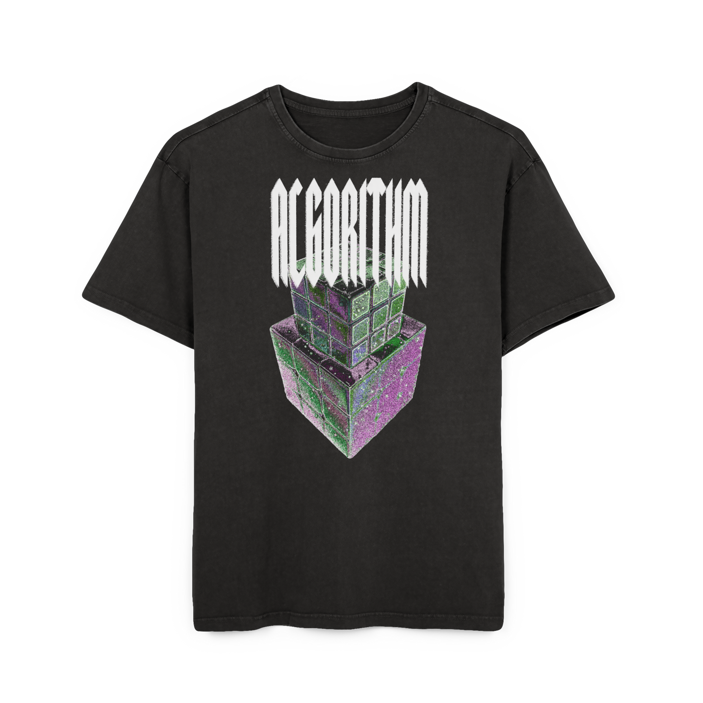 Acorithm Cube Graphic Tee — Acid Wash Oversized Men’s T‑Shirt