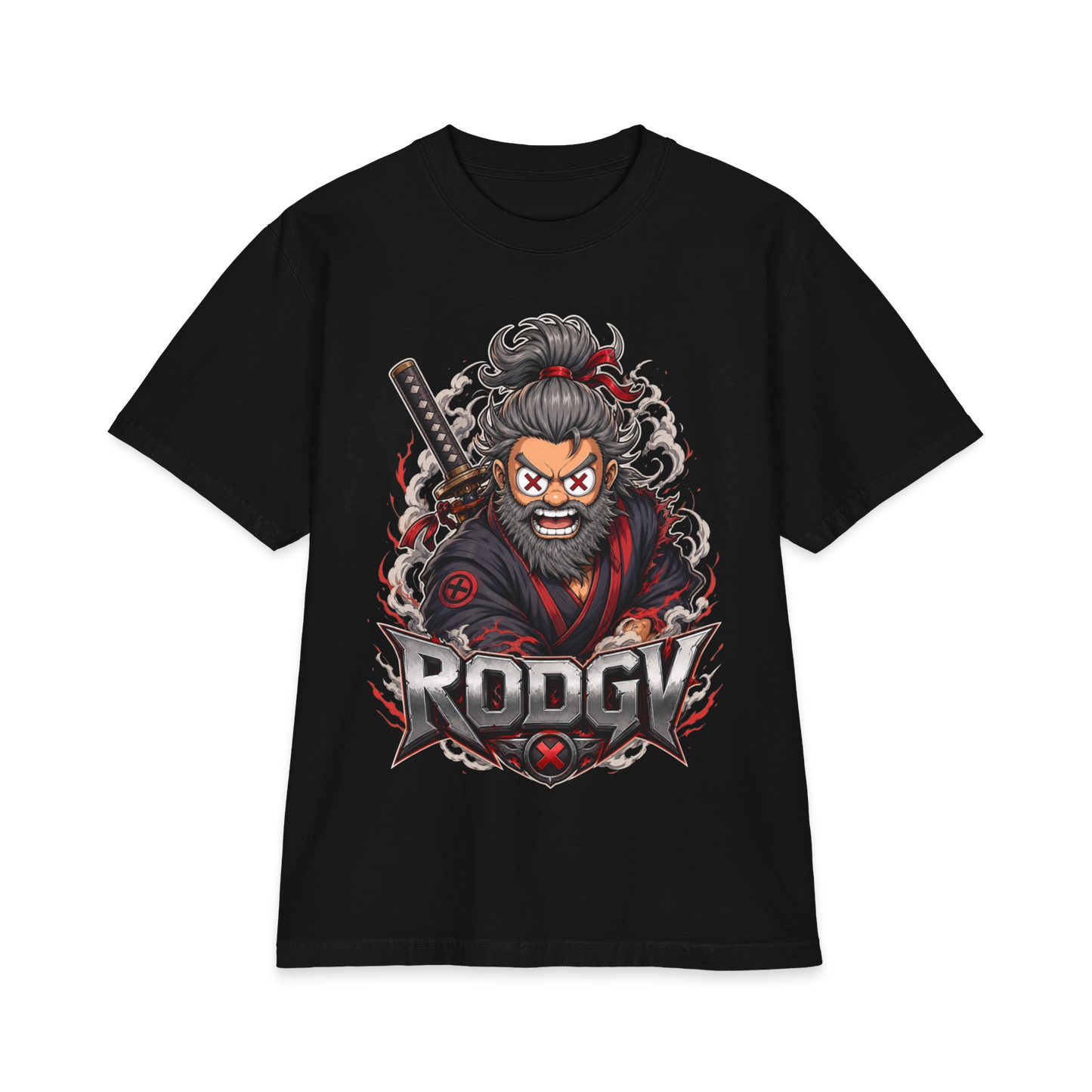 Samurai Warrior Graphic T-Shirt – 'RODGV' Bold Anime-Style Design