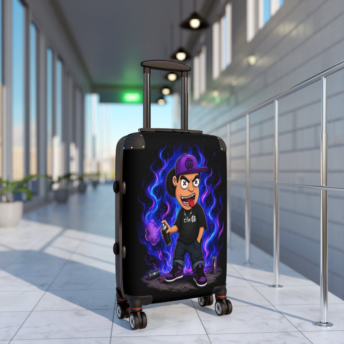 Cartoon Vaporwave Suitcase - Purple Flame Streetwear Carry-On