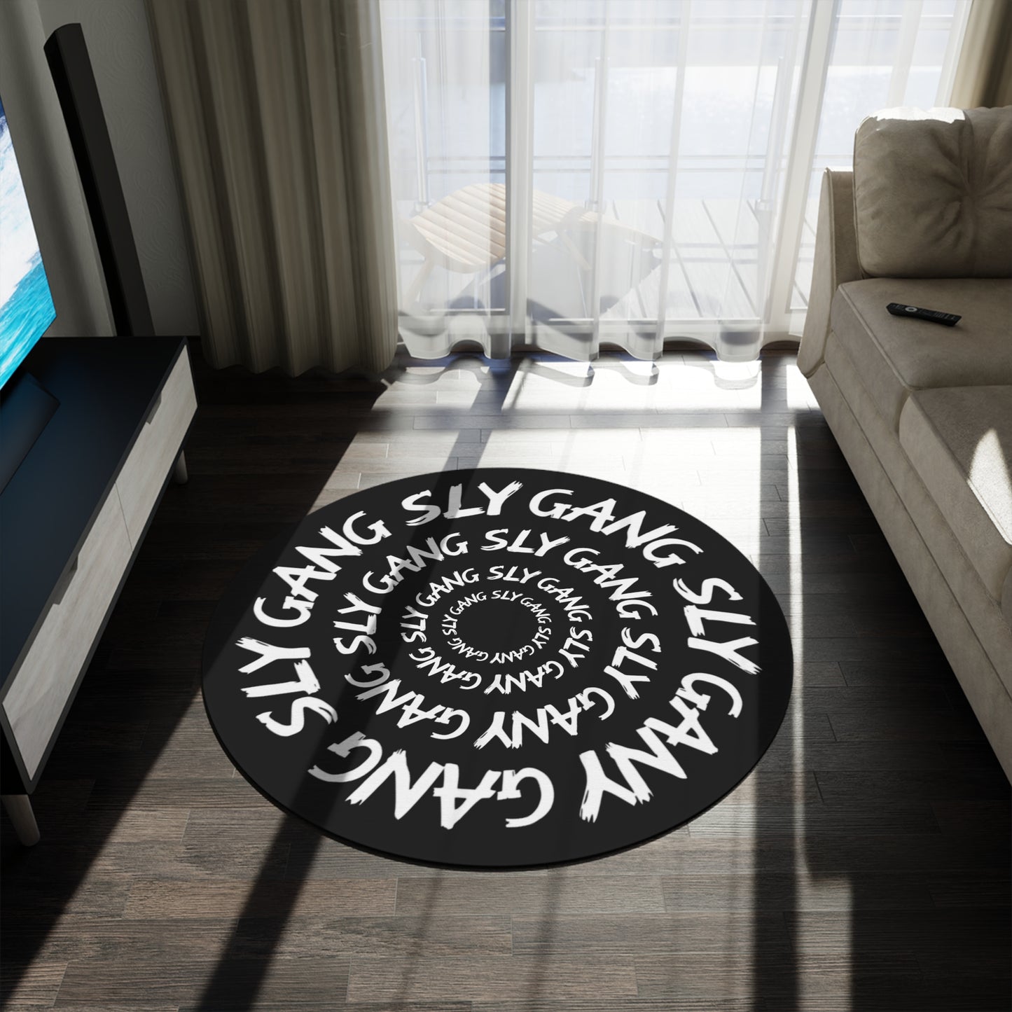 Round Rug — Black "SLY GANG" Spiral Accent Rug