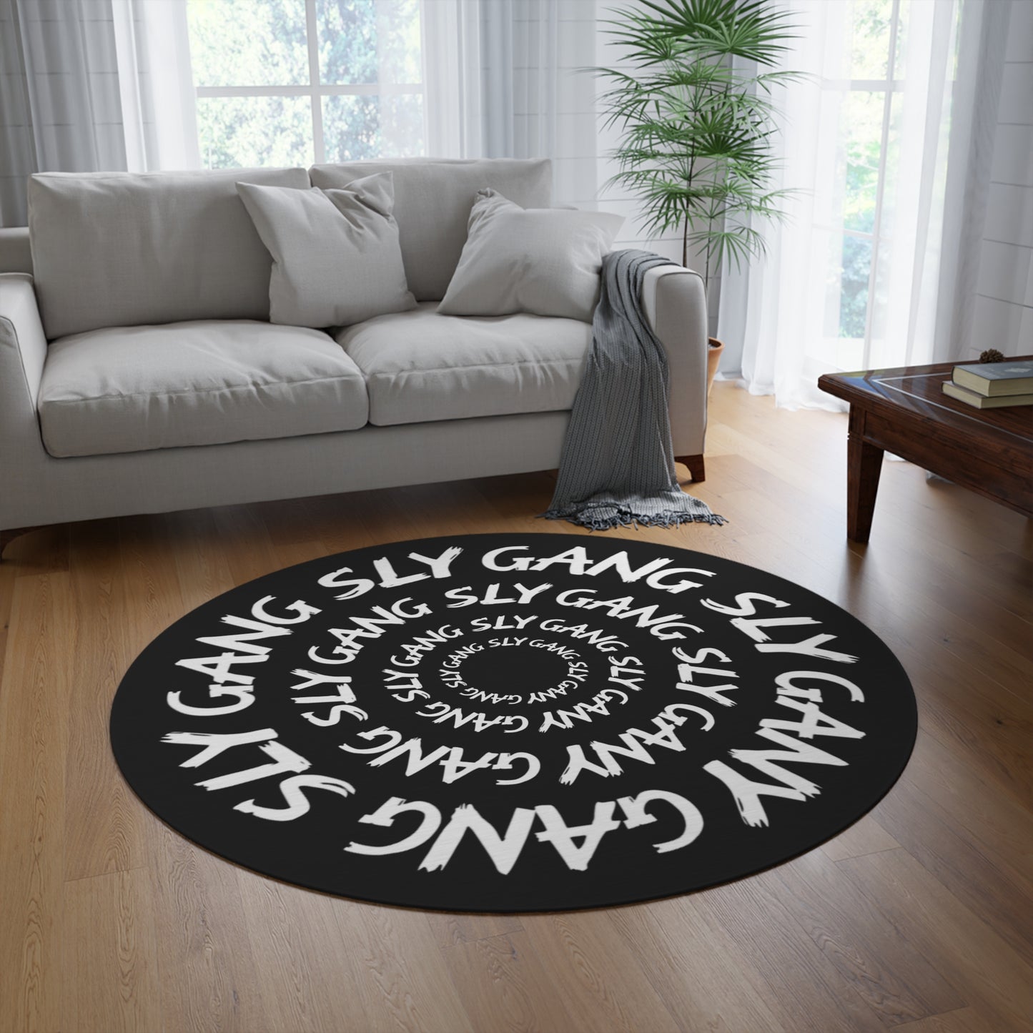 Round Rug — Black "SLY GANG" Spiral Accent Rug