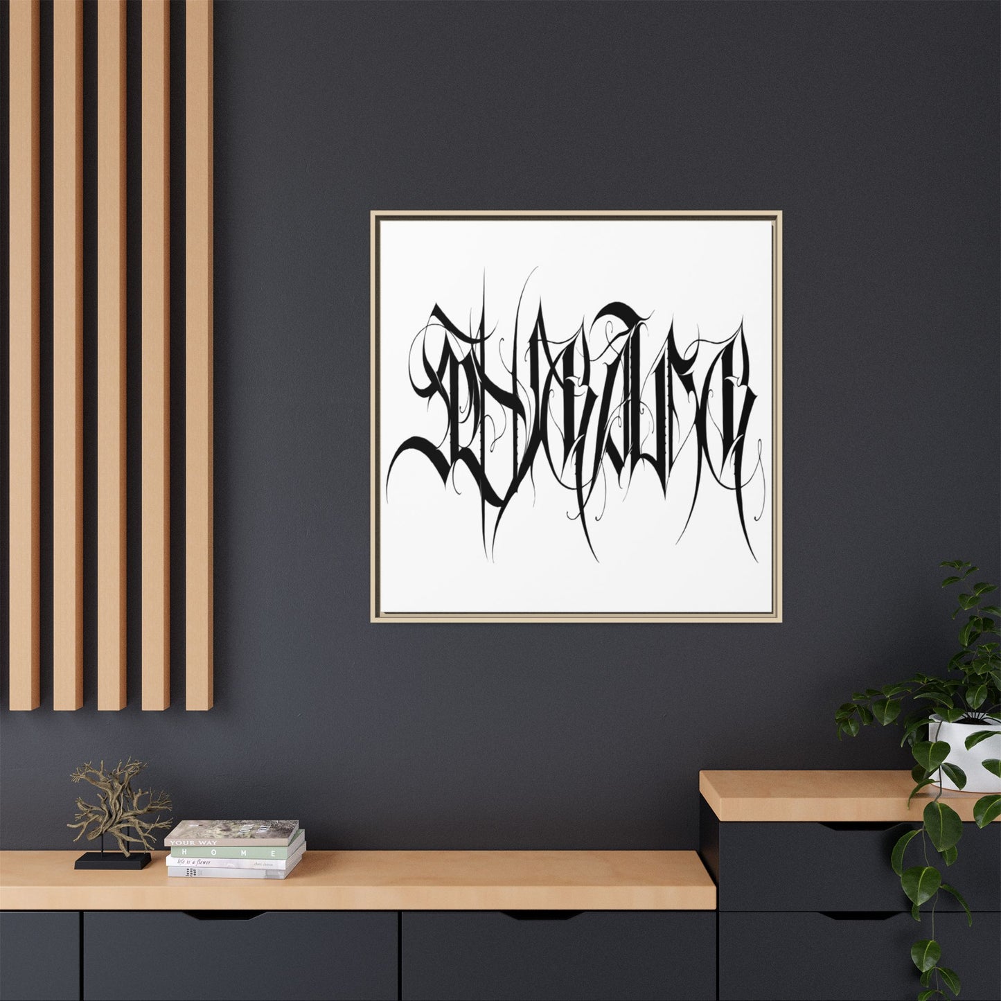 Framed Matte Canvas Art — Black Ambigram Calligraphy Print
