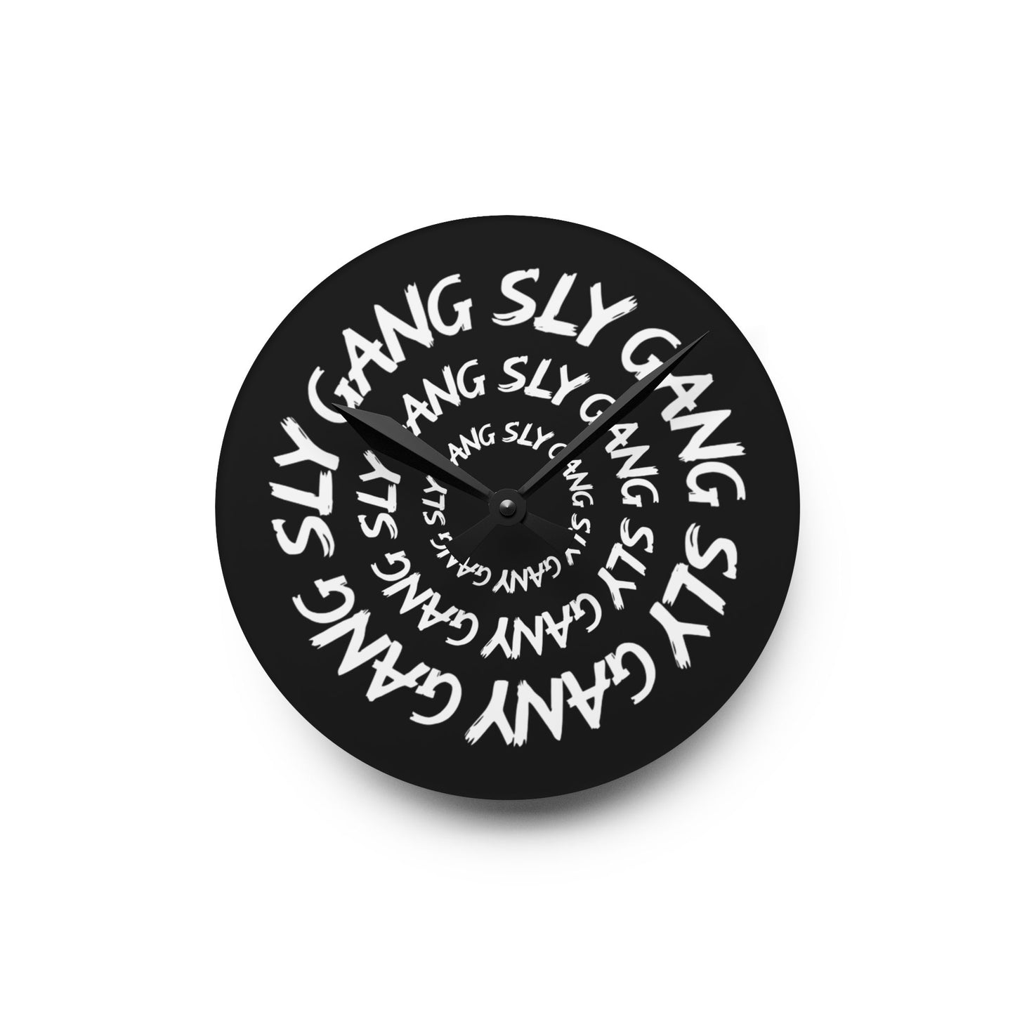 Acrylic Wall Clock — Black Spiral "SLY GANG" Typography Clock