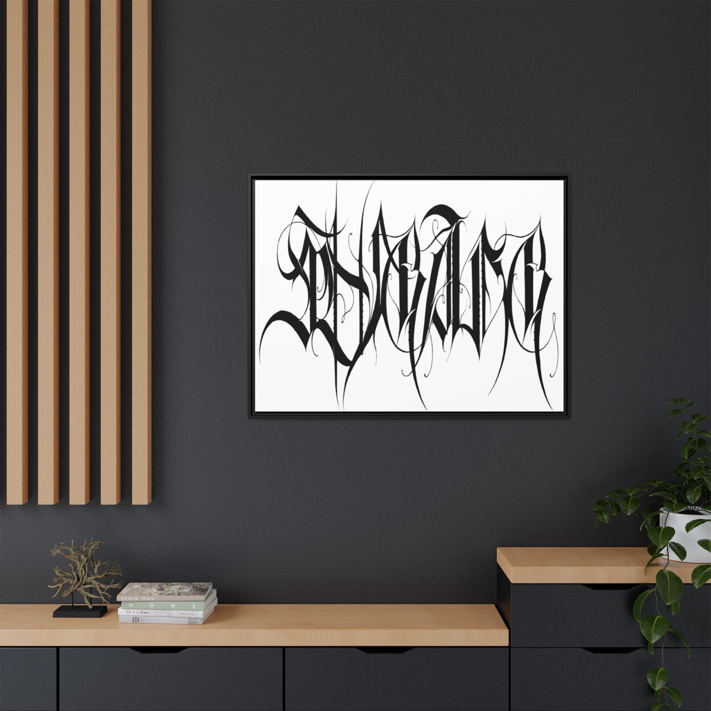 Framed Matte Canvas Art — Black Ambigram Calligraphy Print