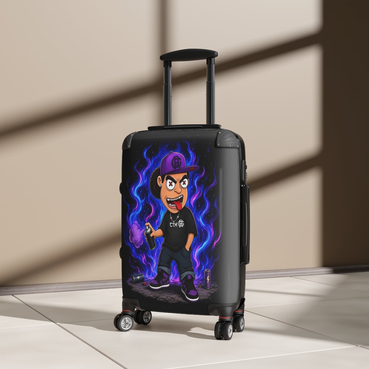 Cartoon Vaporwave Suitcase - Purple Flame Streetwear Carry-On
